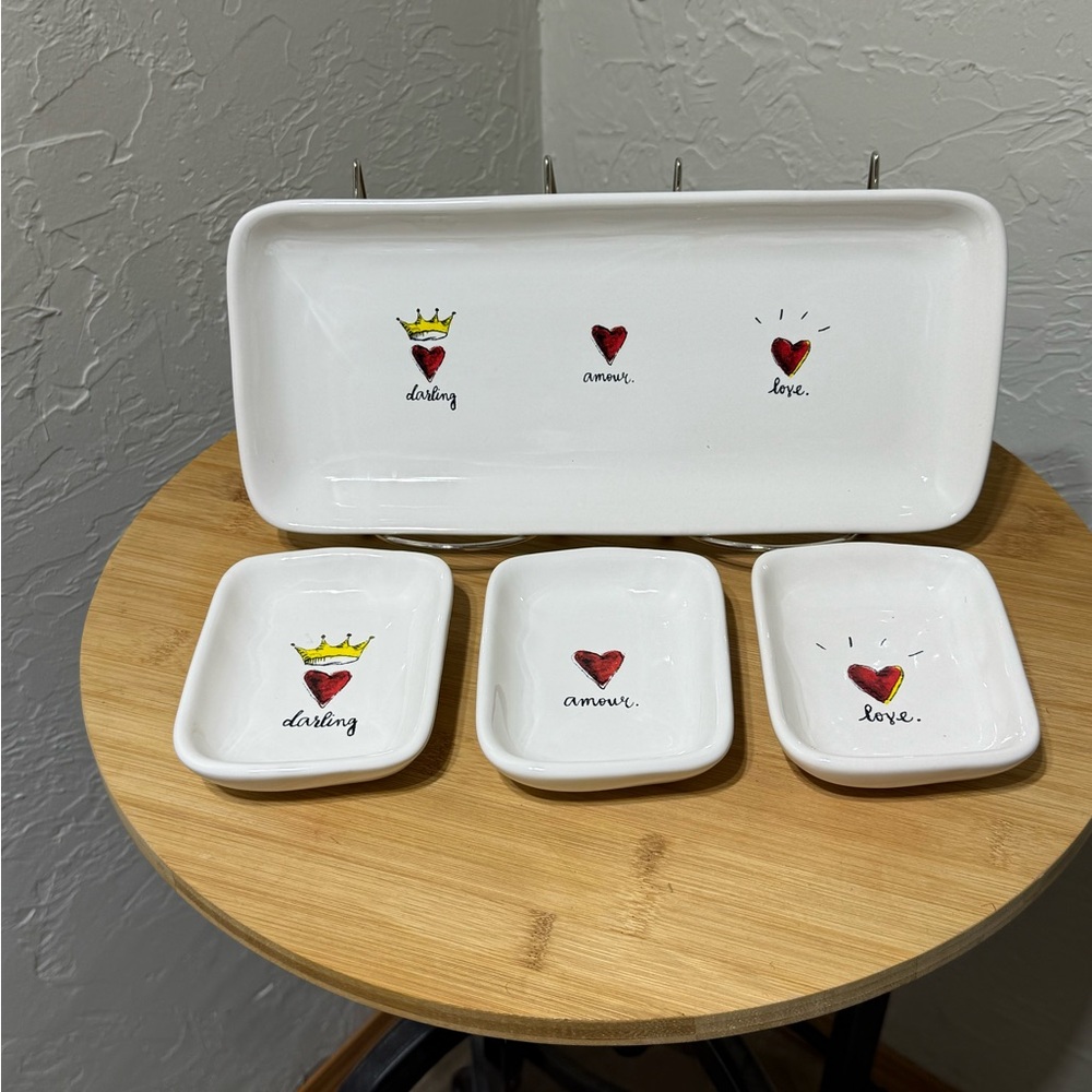 SET Rae Dunn Ceramic Appetizer/Trinket Tray & Dishes - Darling, Amour, Love